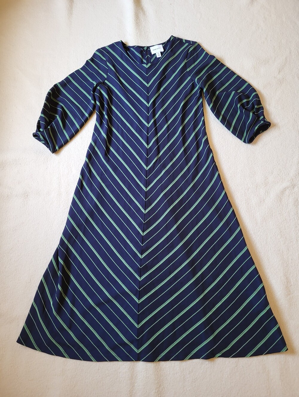 Nine West Maxi Dress Women's Size XS Navy Blue Green Striped 3/4 Sleeve
